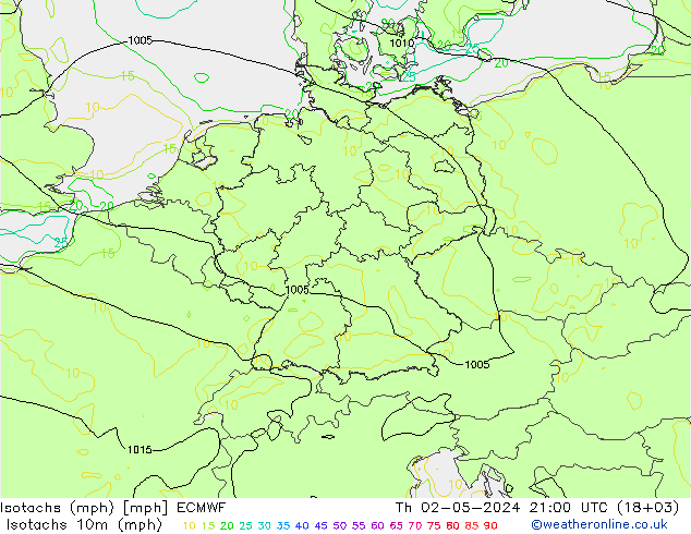 Isotachs (mph) ECMWF 星期四 02.05.2024 21 UTC