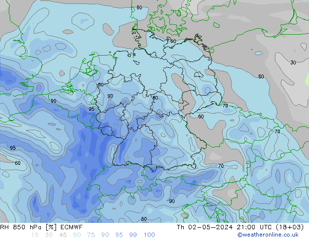 RH 850 hPa ECMWF 星期四 02.05.2024 21 UTC