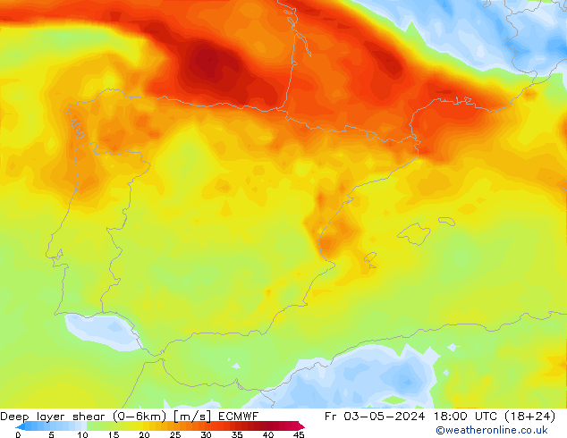 Deep layer shear (0-6km) ECMWF ven 03.05.2024 18 UTC