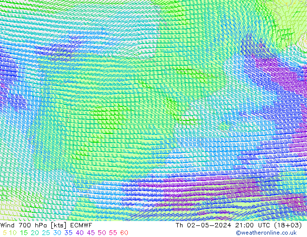 Wind 700 hPa ECMWF Čt 02.05.2024 21 UTC