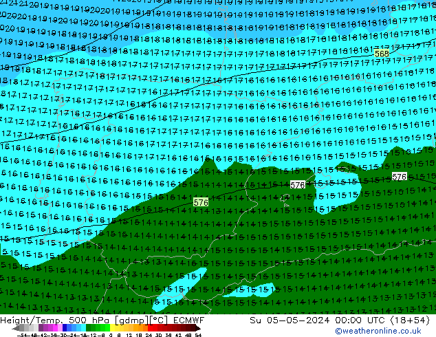 Z500/Yağmur (+YB)/Z850 ECMWF Paz 05.05.2024 00 UTC