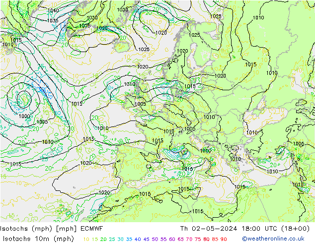 Izotacha (mph) ECMWF czw. 02.05.2024 18 UTC