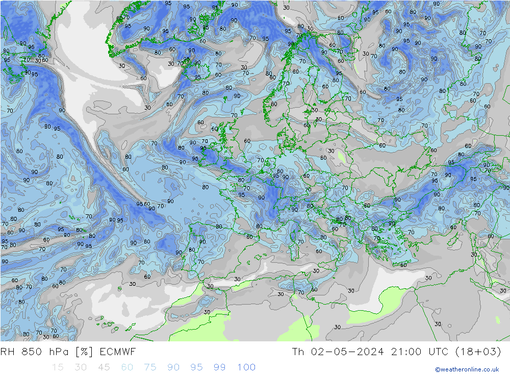 Humidité rel. 850 hPa ECMWF jeu 02.05.2024 21 UTC