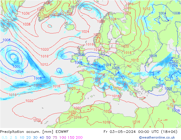 Precipitation accum. ECMWF Pá 03.05.2024 00 UTC