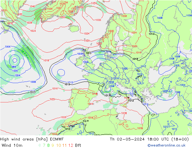 High wind areas ECMWF gio 02.05.2024 18 UTC