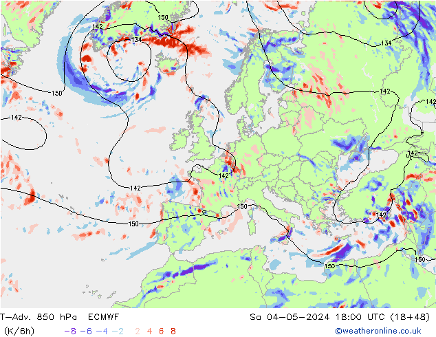 T-Adv. 850 hPa ECMWF sam 04.05.2024 18 UTC