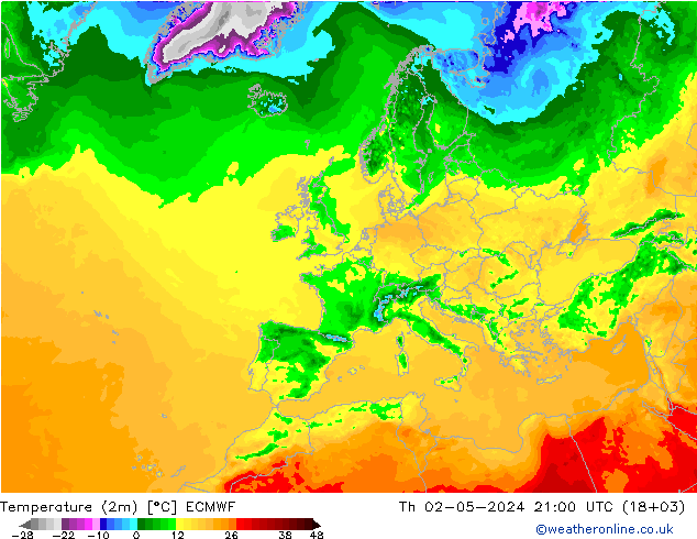 Temperaturkarte (2m) ECMWF Do 02.05.2024 21 UTC