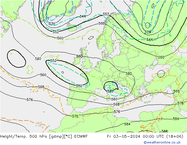 Z500/Rain (+SLP)/Z850 ECMWF Pá 03.05.2024 00 UTC