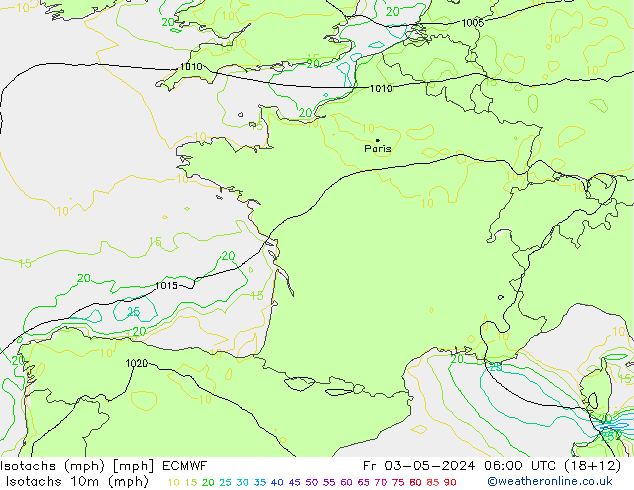 Isotachen (mph) ECMWF Fr 03.05.2024 06 UTC