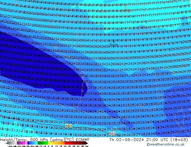 Height/Temp. 500 гПа ECMWF чт 02.05.2024 21 UTC