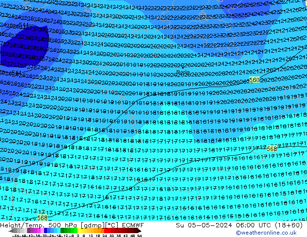 Z500/Rain (+SLP)/Z850 ECMWF nie. 05.05.2024 06 UTC