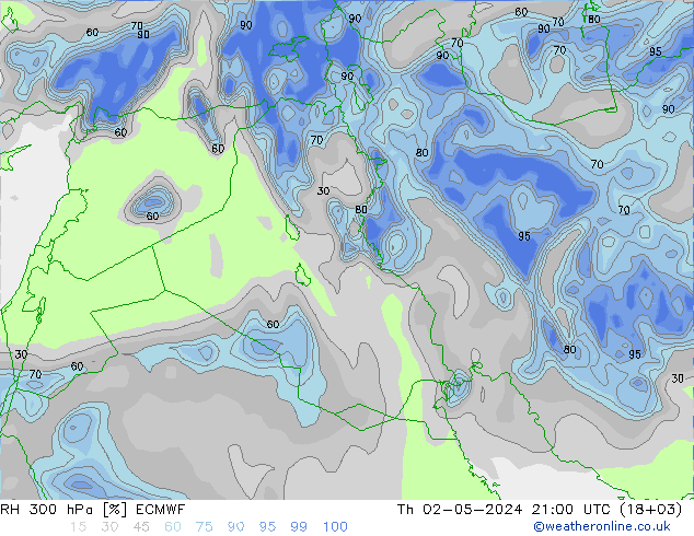 RH 300 hPa ECMWF gio 02.05.2024 21 UTC