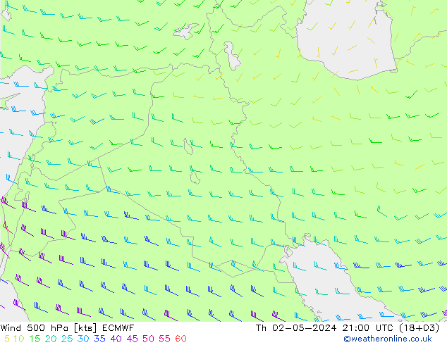 Wind 500 hPa ECMWF Čt 02.05.2024 21 UTC