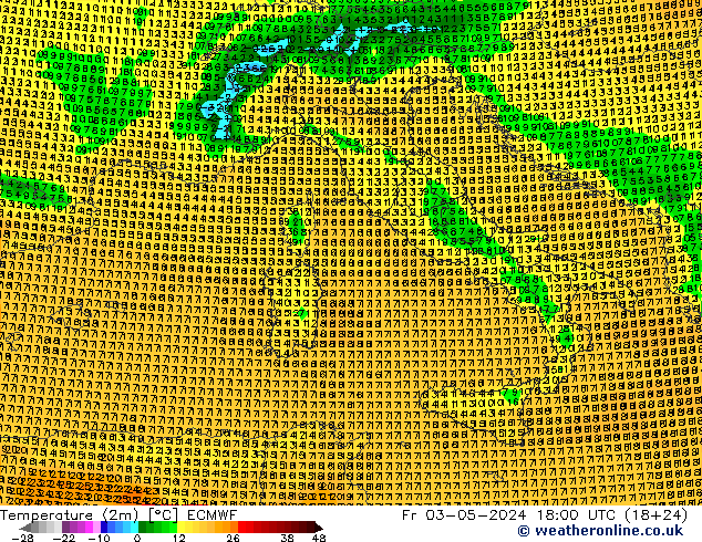 Temperatura (2m) ECMWF ven 03.05.2024 18 UTC