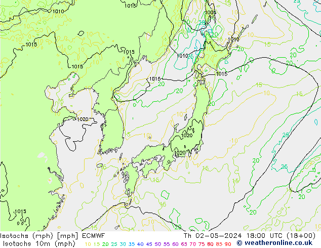 Isotachs (mph) ECMWF  02.05.2024 18 UTC