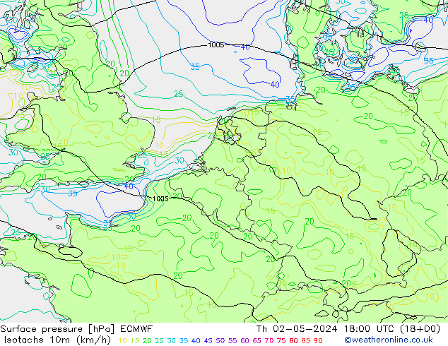 Isotachs (kph) ECMWF Th 02.05.2024 18 UTC