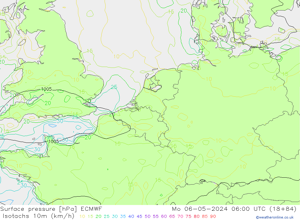 Isotachen (km/h) ECMWF Mo 06.05.2024 06 UTC