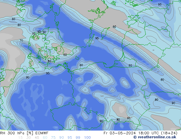 RH 300 hPa ECMWF Fr 03.05.2024 18 UTC