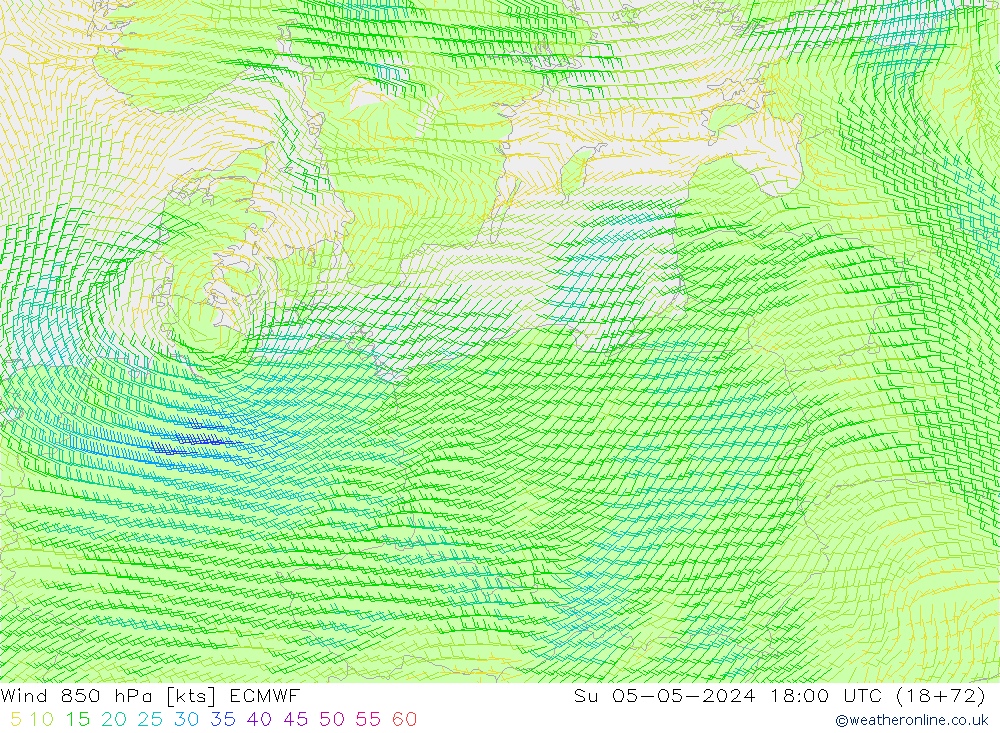 Rüzgar 850 hPa ECMWF Paz 05.05.2024 18 UTC