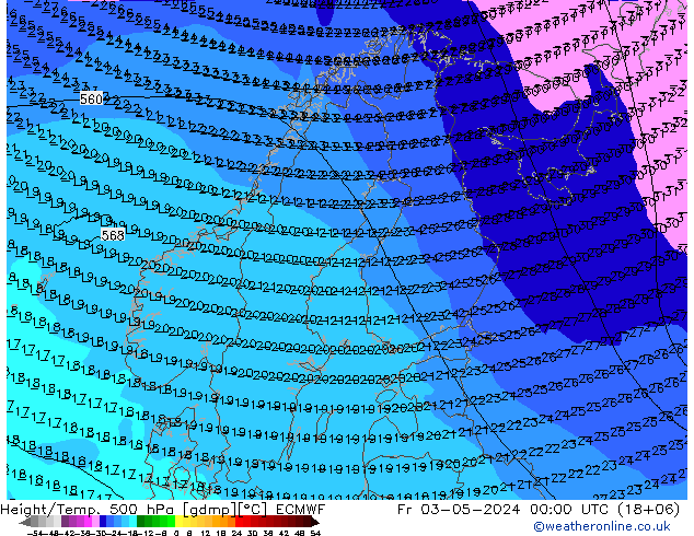 Z500/Rain (+SLP)/Z850 ECMWF vie 03.05.2024 00 UTC