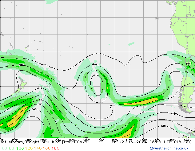 Jet stream/Height 300 hPa ECMWF Čt 02.05.2024 18 UTC