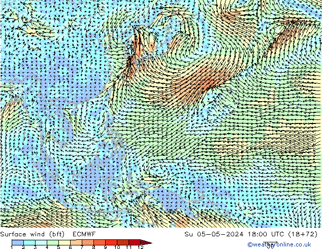 Surface wind (bft) ECMWF Su 05.05.2024 18 UTC