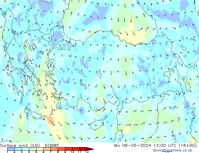 Vento 10 m (bft) ECMWF Seg 06.05.2024 12 UTC