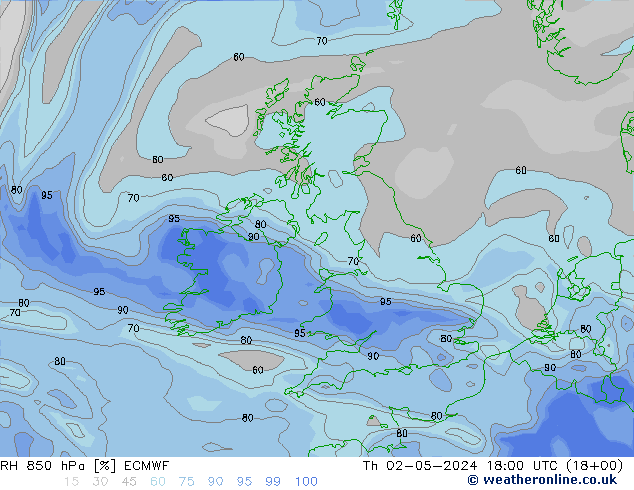 Humidité rel. 850 hPa ECMWF jeu 02.05.2024 18 UTC