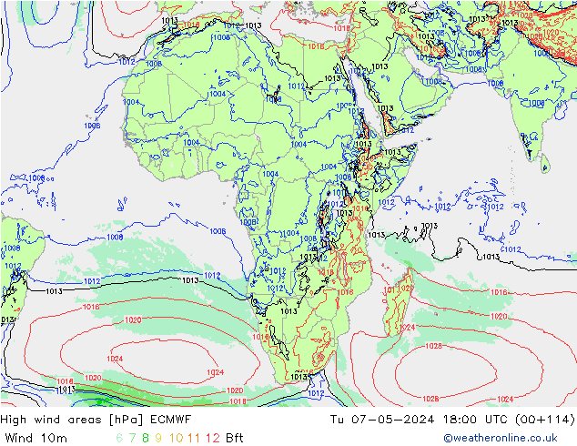 yüksek rüzgarlı alanlar ECMWF Sa 07.05.2024 18 UTC