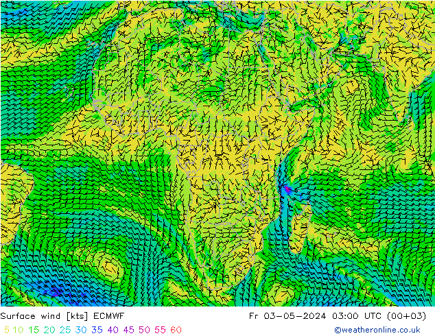 wiatr 10 m ECMWF pt. 03.05.2024 03 UTC