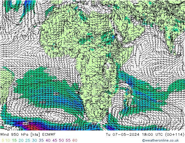 Wind 950 hPa ECMWF Tu 07.05.2024 18 UTC