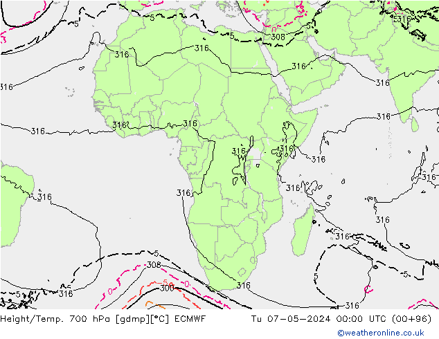 Yükseklik/Sıc. 700 hPa ECMWF Sa 07.05.2024 00 UTC