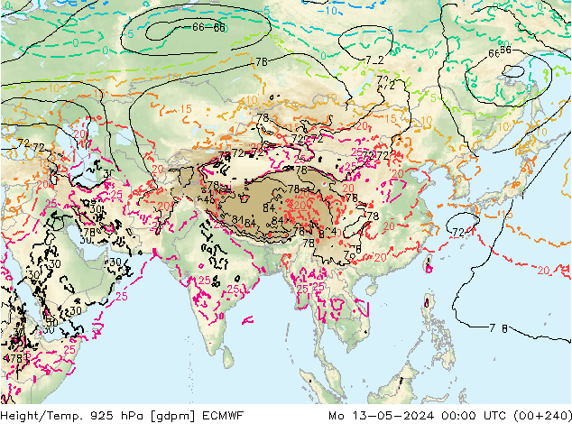 Height/Temp. 925 hPa ECMWF Mo 13.05.2024 00 UTC