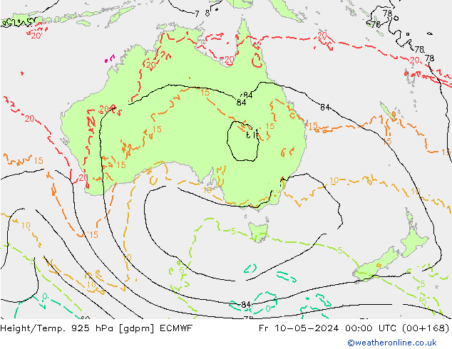 Hoogte/Temp. 925 hPa ECMWF vr 10.05.2024 00 UTC