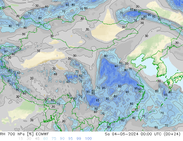 RH 700 hPa ECMWF 星期六 04.05.2024 00 UTC
