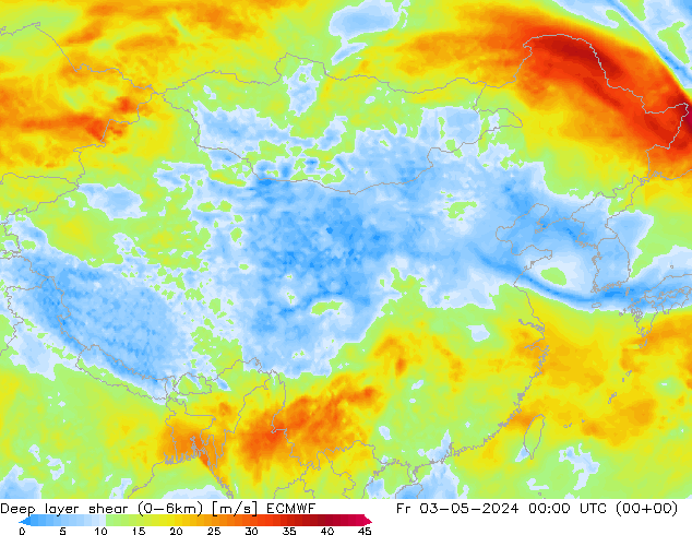 Deep layer shear (0-6km) ECMWF 星期五 03.05.2024 00 UTC