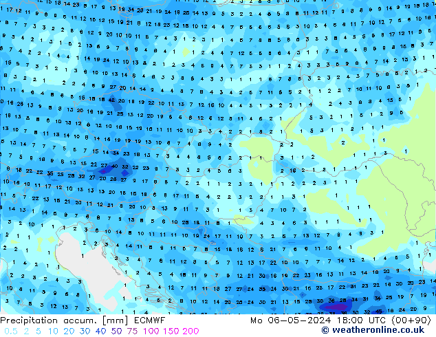 Precipitation accum. ECMWF Mo 06.05.2024 18 UTC