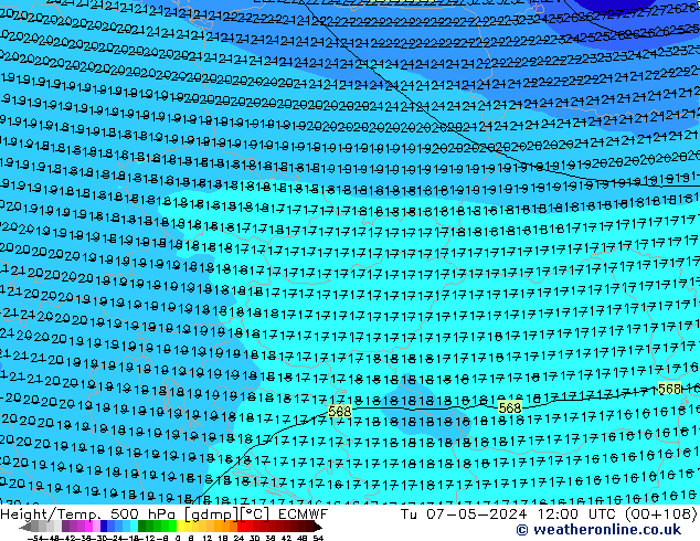 Z500/Rain (+SLP)/Z850 ECMWF Út 07.05.2024 12 UTC