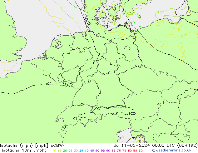 Isotachs (mph) ECMWF Sáb 11.05.2024 00 UTC