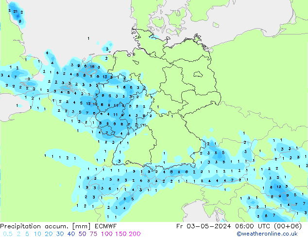 Precipitation accum. ECMWF 星期五 03.05.2024 06 UTC