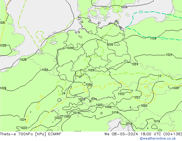 Theta-e 700гПа ECMWF ср 08.05.2024 18 UTC