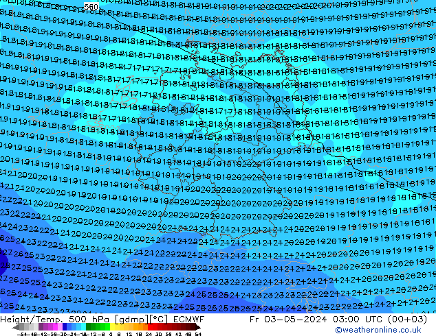 Hoogte/Temp. 500 hPa ECMWF vr 03.05.2024 03 UTC