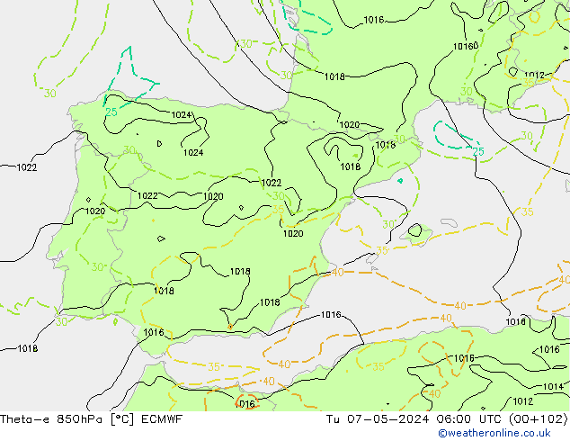 Theta-e 850hPa ECMWF Sa 07.05.2024 06 UTC