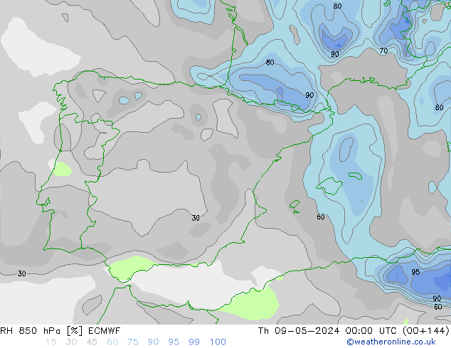 RH 850 hPa ECMWF Qui 09.05.2024 00 UTC