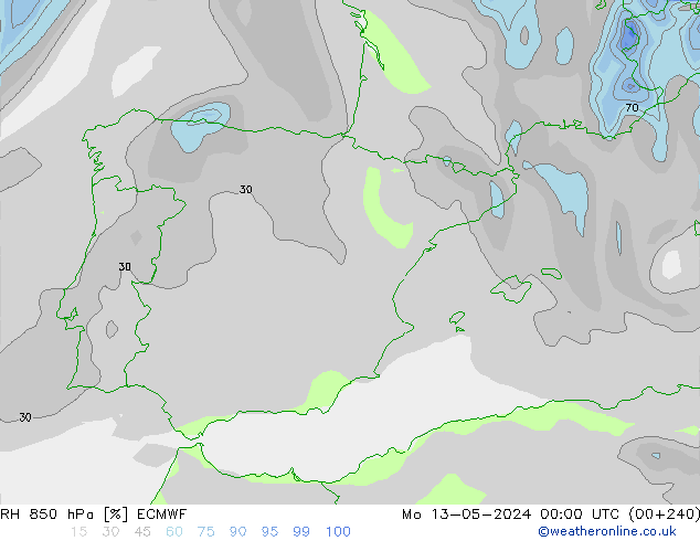 RH 850 hPa ECMWF lun 13.05.2024 00 UTC