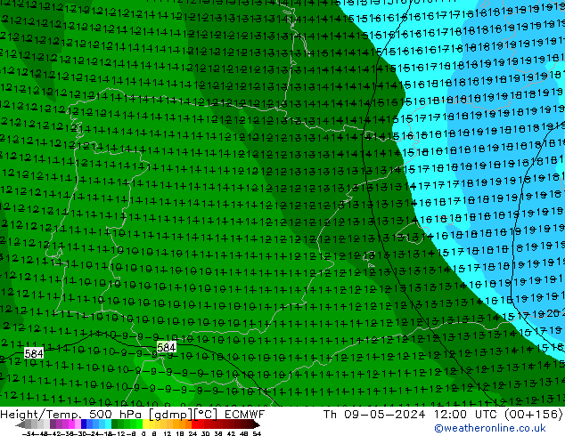 Z500/Rain (+SLP)/Z850 ECMWF czw. 09.05.2024 12 UTC