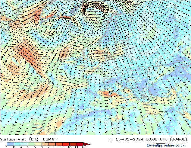 Bodenwind (bft) ECMWF Fr 03.05.2024 00 UTC