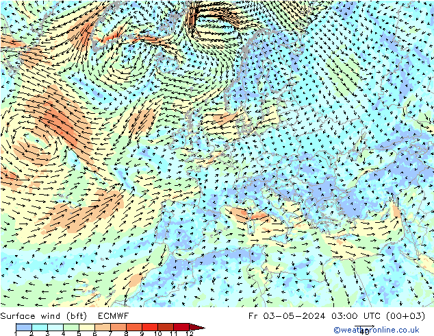 Bodenwind (bft) ECMWF Fr 03.05.2024 03 UTC