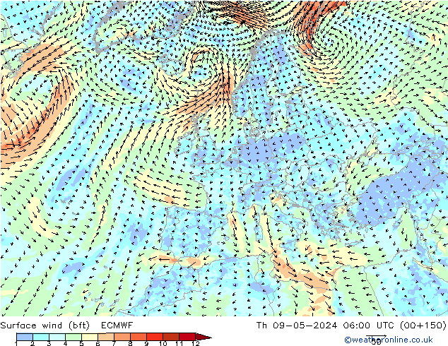 Vent 10 m (bft) ECMWF jeu 09.05.2024 06 UTC