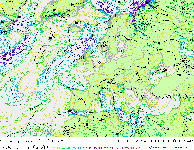 Isotachs (kph) ECMWF Th 09.05.2024 00 UTC